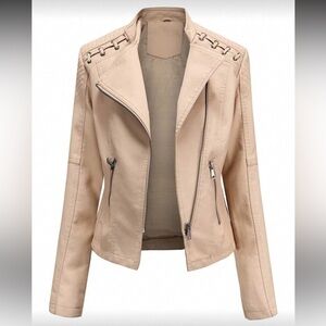 COMING SOON - Faux Leather Moto Jacket Beige Lace-Up Shoulder - Slim Fit Look